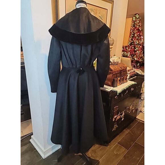 Vtg Lilli Ann Princess Coat 50s Shawl Collar Fit Flare Black Velvet Wool Sz 14 L - Picture 6 of 11